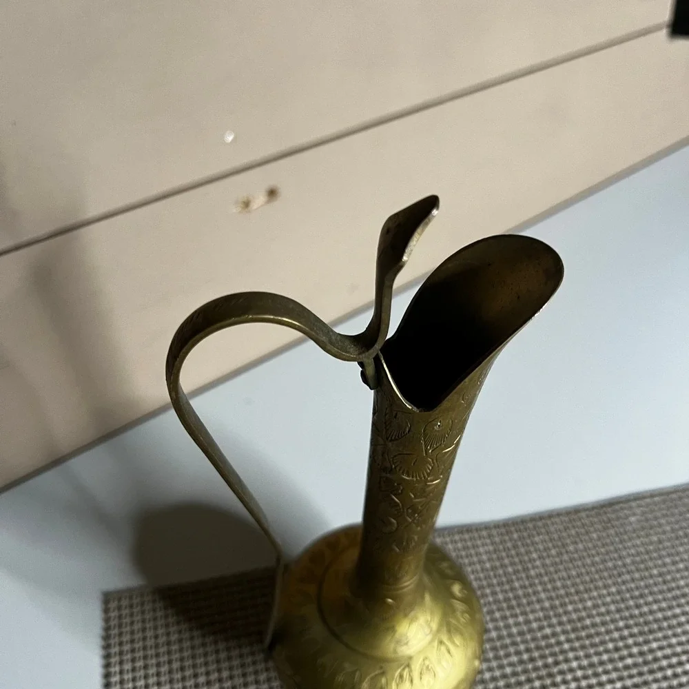 Vintage World Gift India Etched‎ Brass Aftaba Pitcher Decorative Floral Vase 10